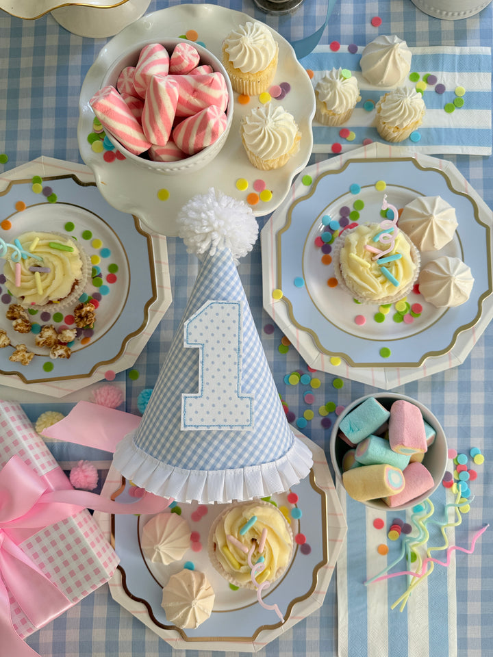 Light Blue and White Gingham Birthday Hat