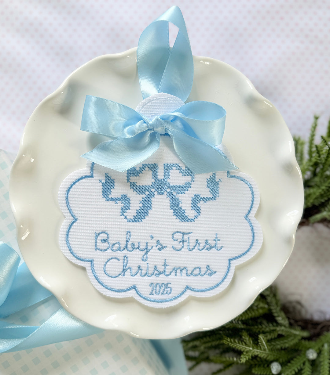 Baby's First Christmas Cross Stitched Bow