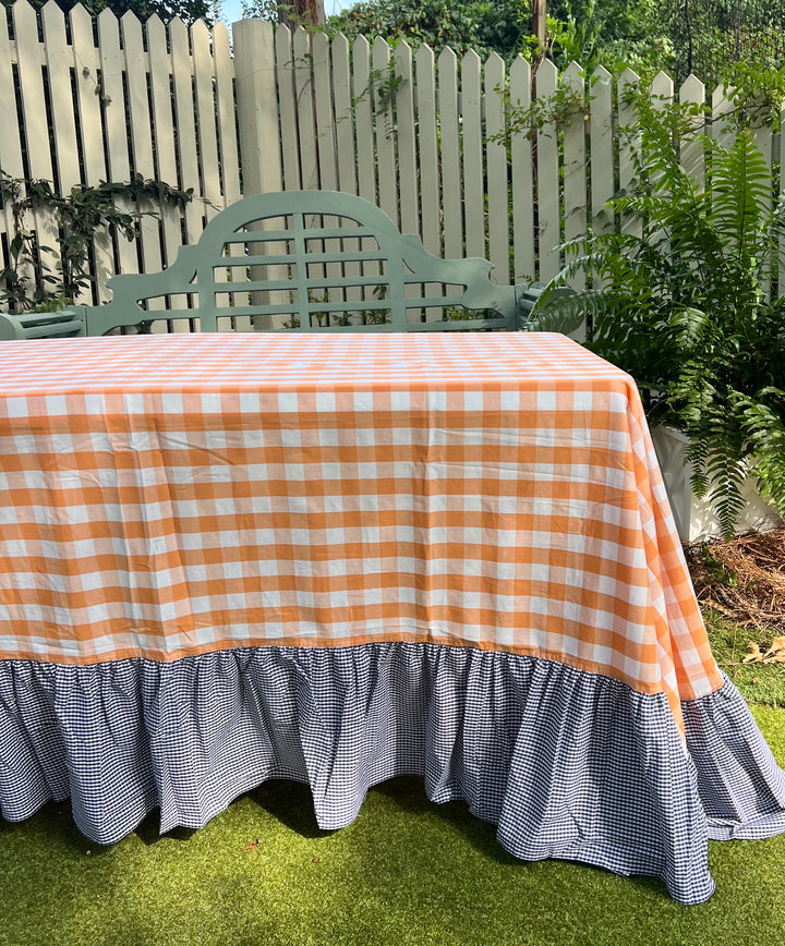 Orange Gingham Tablecloth with Navy Ruffle