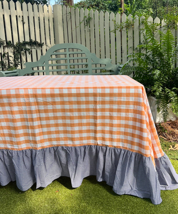 Orange Gingham Tablecloth with Navy Ruffle