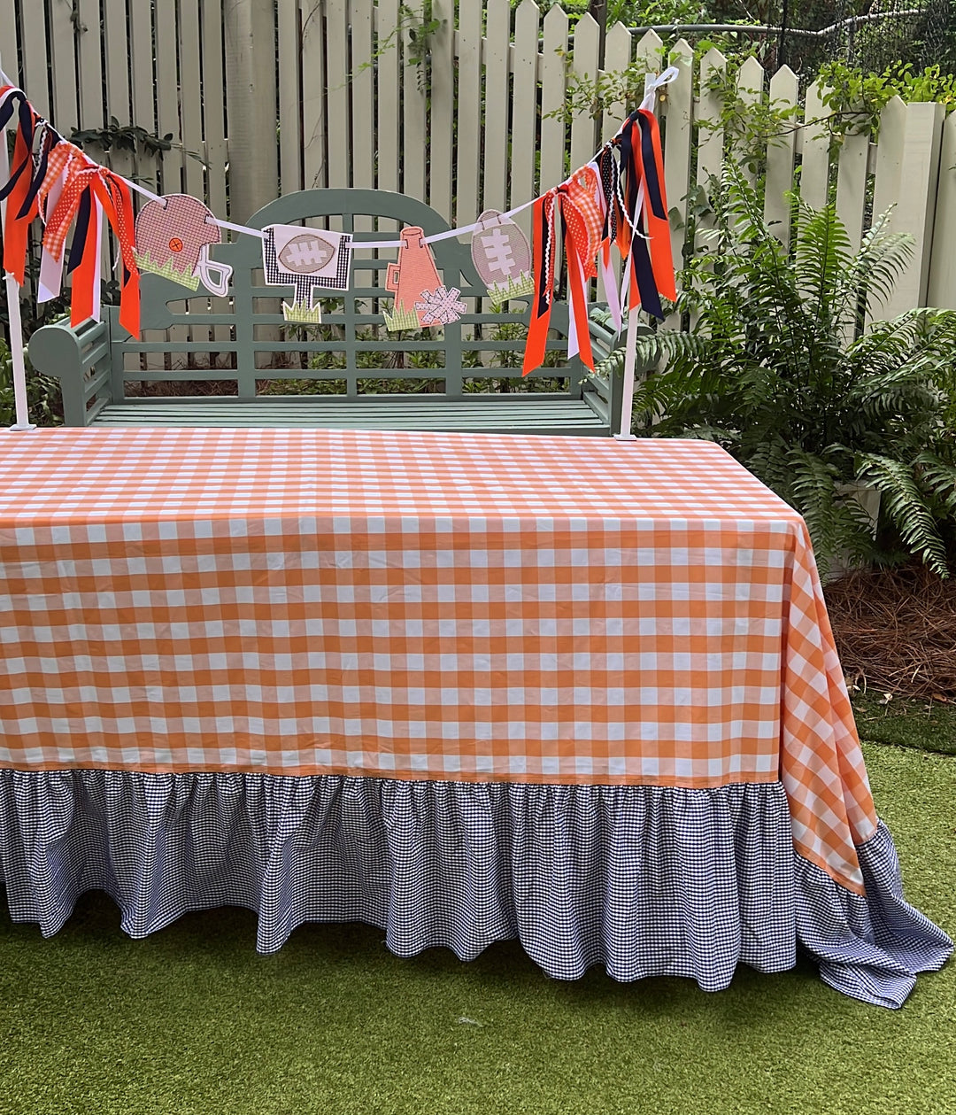 Orange Gingham Tablecloth with Navy Ruffle