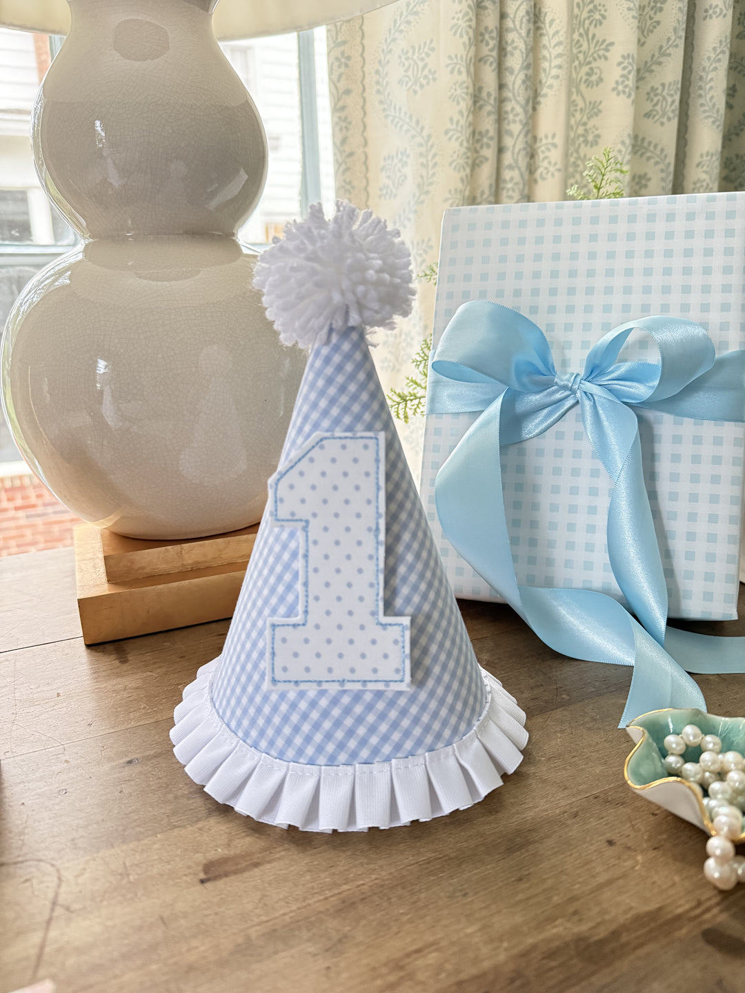 Light Blue and White Gingham Birthday Hat