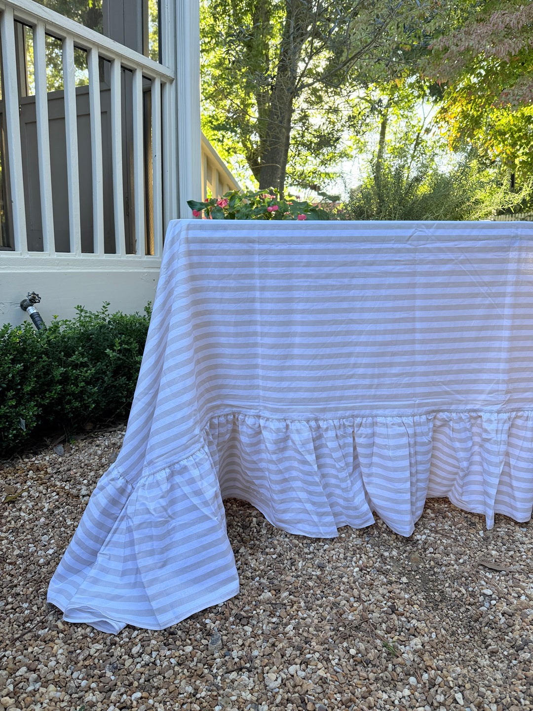 Neutral Stripe Ruffle Tablecloth