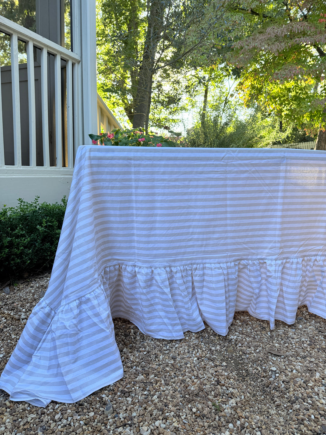 Neutral Stripe Ruffle Tablecloth