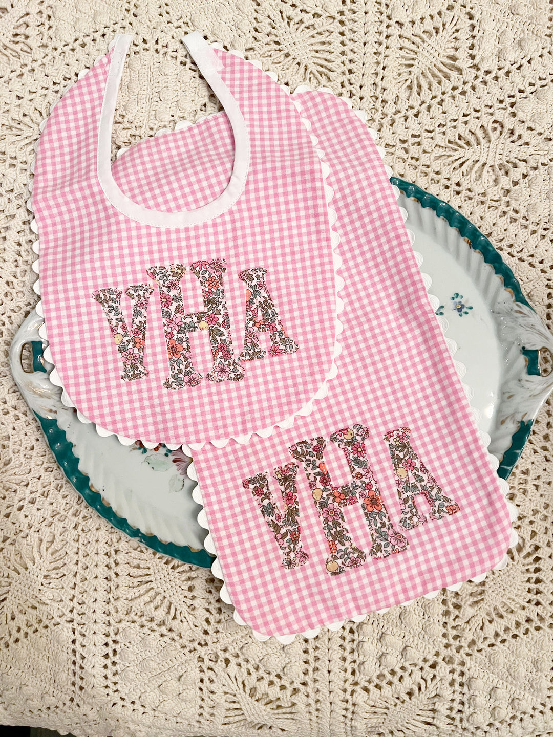 Pink Gingham Liberty Bib and Burp Cloth