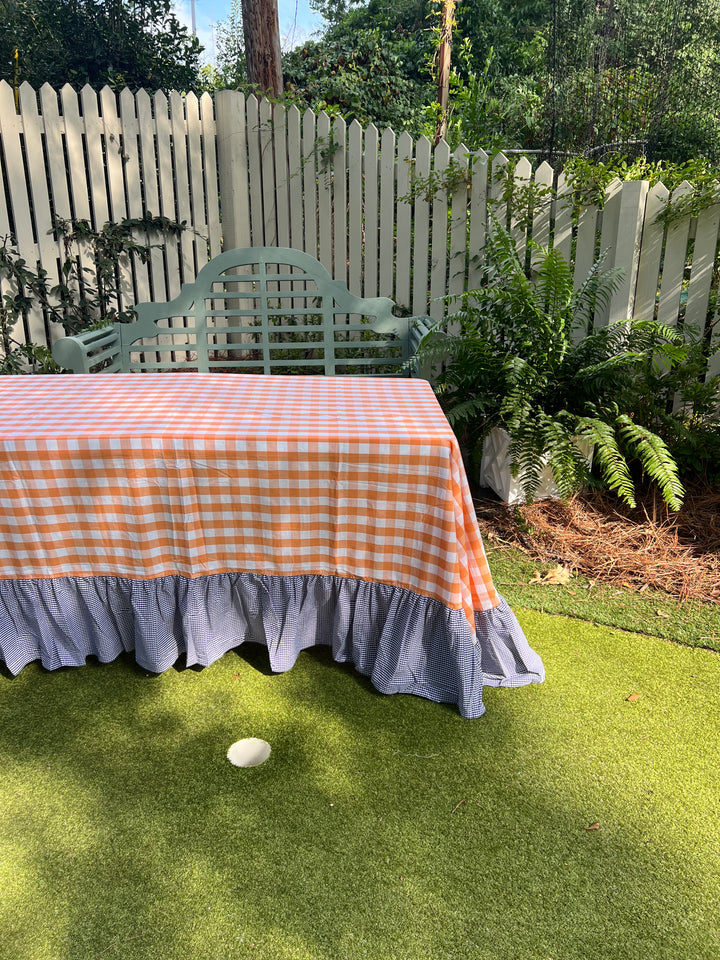 Orange Gingham Tablecloth with Navy Ruffle