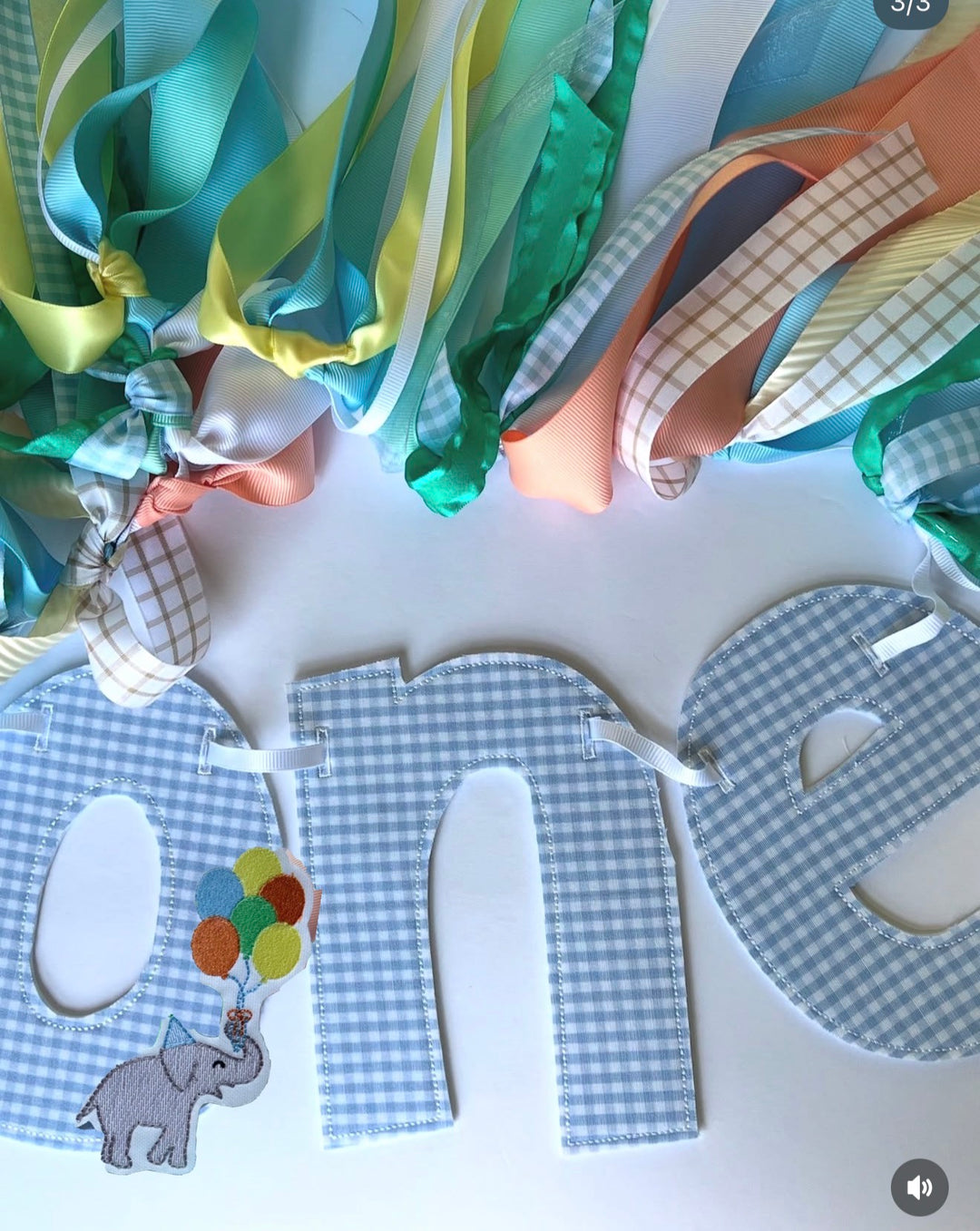 ONE in Blue Gingham with Neutral Ribbons with Elephant
