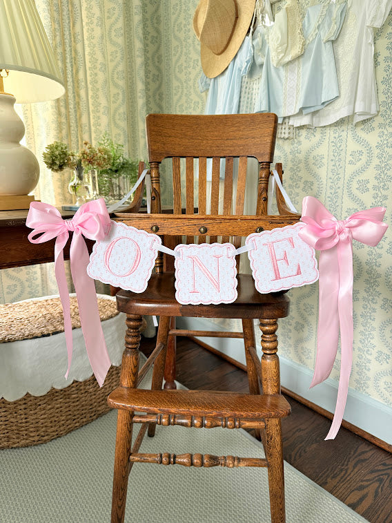 Scalloped ONE in Pink Swiss Dot
