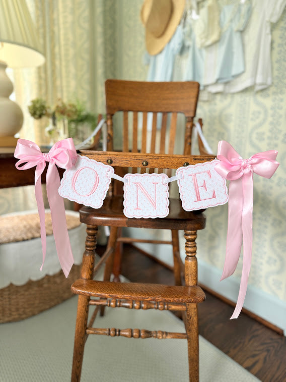Scalloped ONE in Pink Swiss Dot