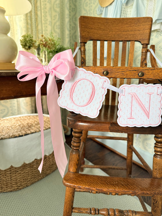 Scalloped ONE in Pink Swiss Dot