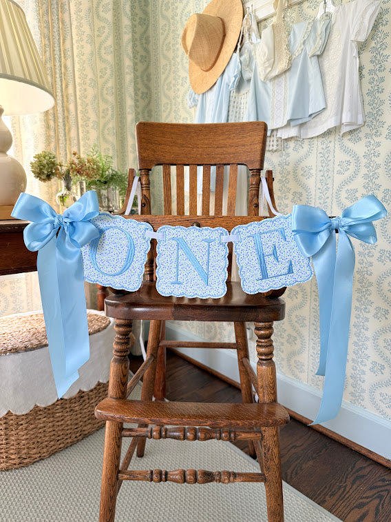 Scalloped Square ONE Birthday Set in Blue Floral Print
