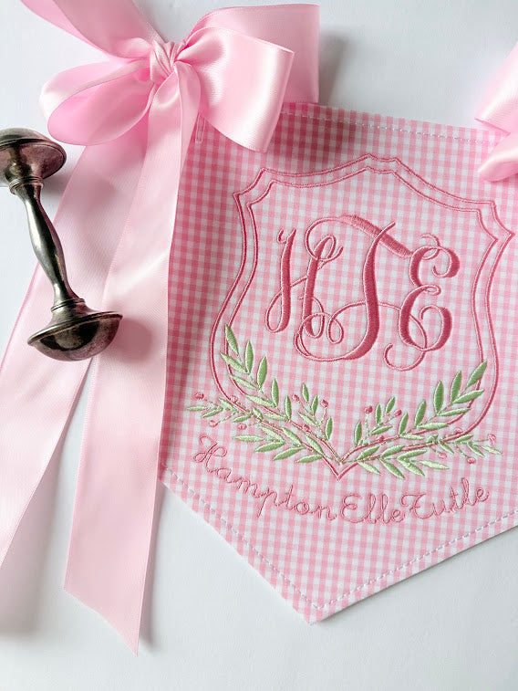 Baby Name Stem and Berry Pendant in Pink Gingham