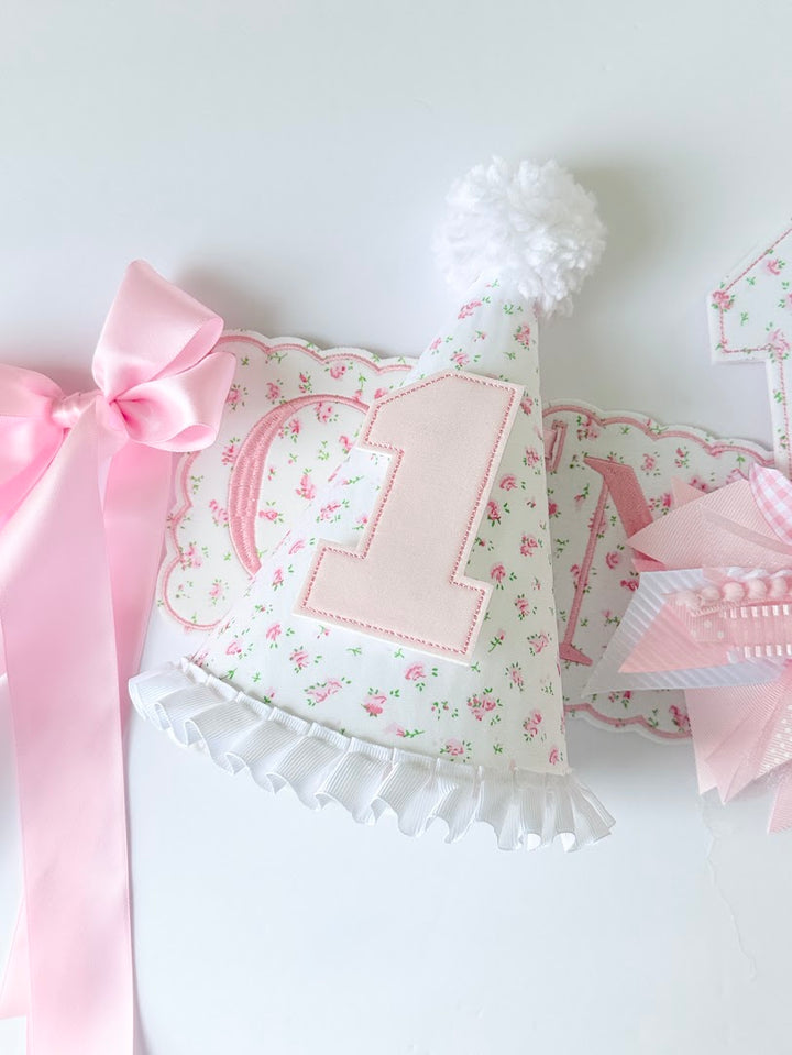 Scalloped Square ONE Birthday Set in White Floral Print