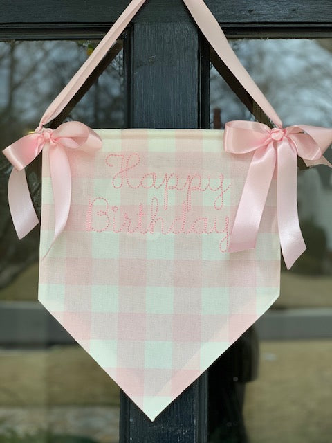 Happy Birthday Hanging Pendant in Pink and White Buffalo Checked