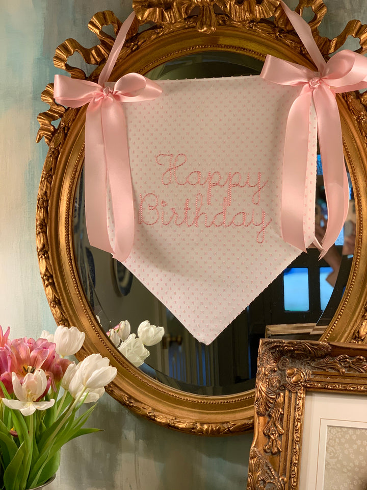 Double sided pendant banner in pink Swiss!