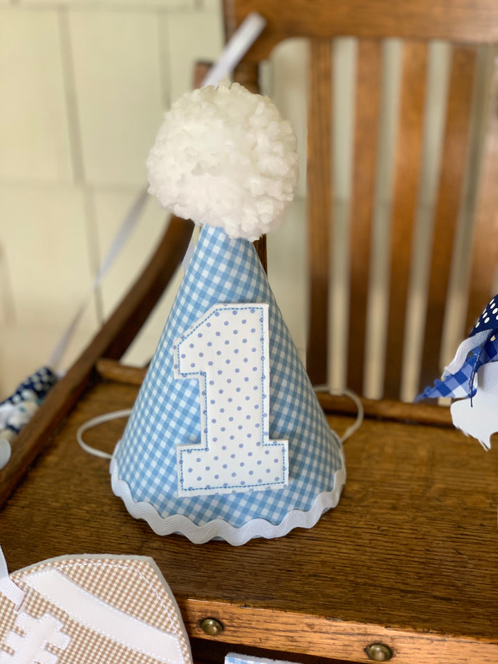 Light Blue and White Gingham Birthday Hat