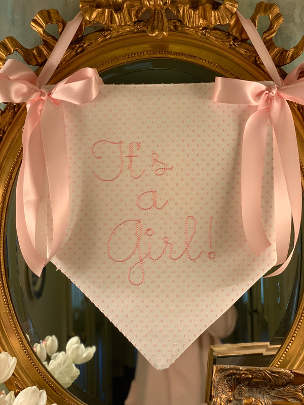Double sided pendant banner in pink Swiss!