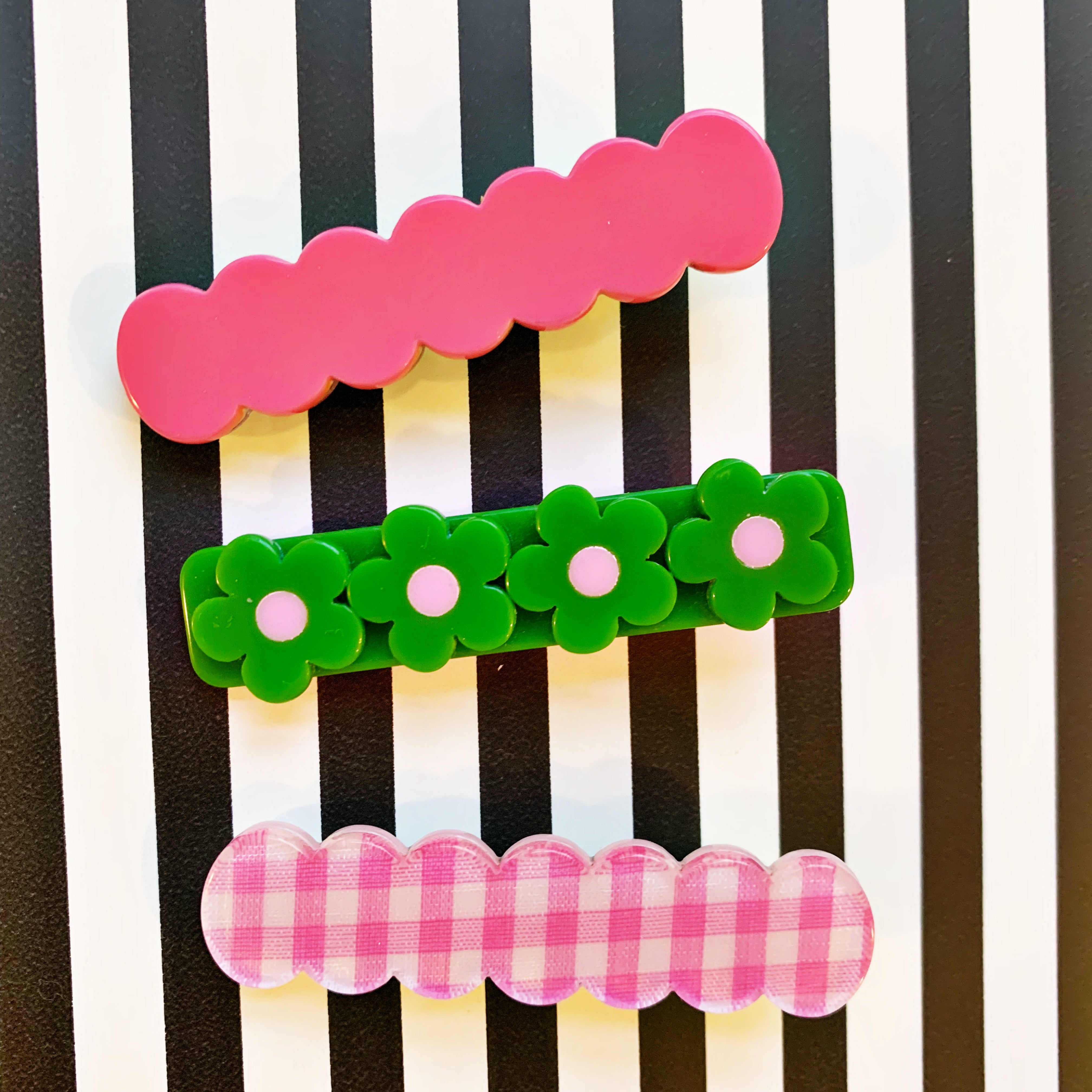 Three Combo Green, Plaid and Pink Alligator Clip