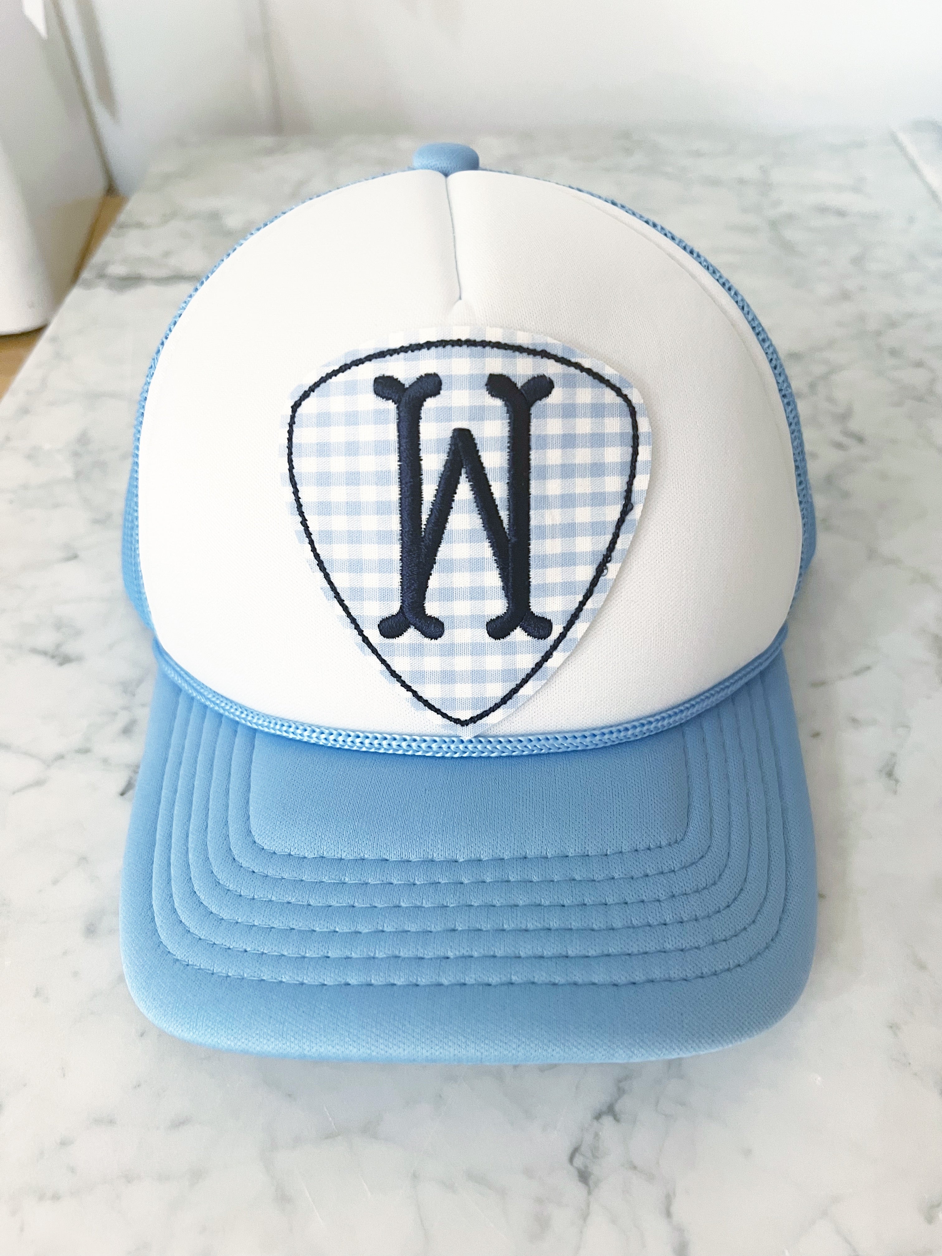 Light Blue and White Trucker Hat with Initial Plaque